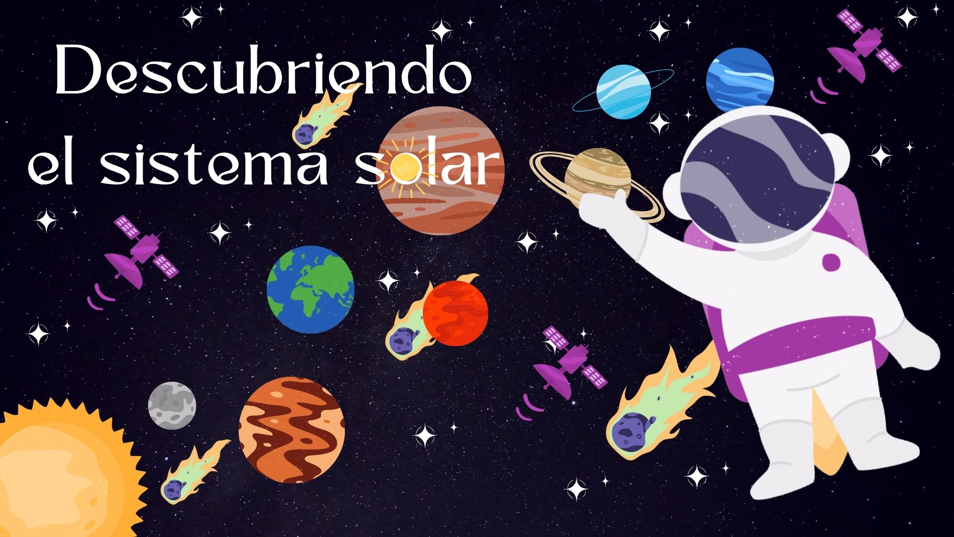 En la imagen está el Astronauta Lucas saludando y de fondo está el espacio con muchos planetas, asteroides, cometas, satélites, estrellas y el Sol. Con el título "Descubriendo el sistema solar"